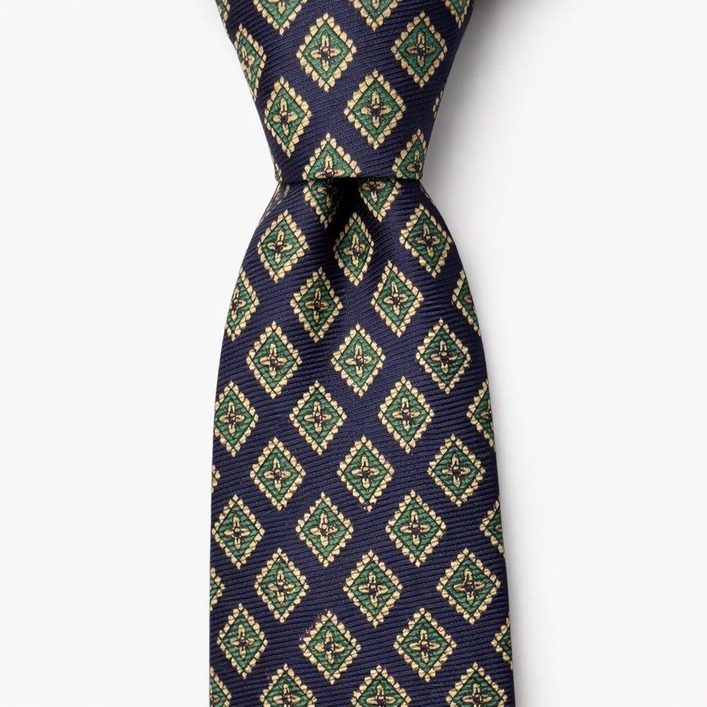 Vintage Polo Ralph Lauren Silk Tie Navy Green Gold Diamond Medallion Necktie USA